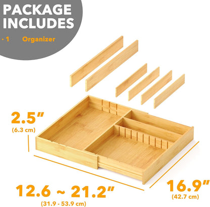 2.5" High Bamboo Silverware Drawer Organizer with Labels, Kitchen Utensil Expandable Tray Holder for Flatware, Cutlery, Spoon and Knives Drawer Storage Organization (Natural)