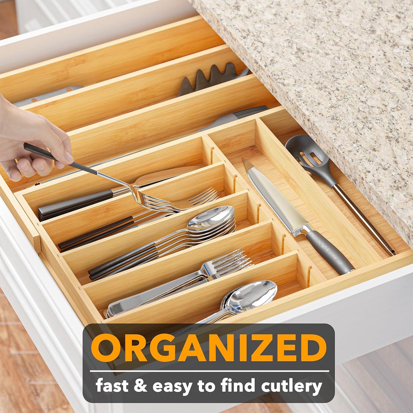2.5" High Bamboo Silverware Drawer Organizer with Labels, Kitchen Utensil Expandable Tray Holder for Flatware, Cutlery, Spoon and Knives Drawer Storage Organization (Natural)