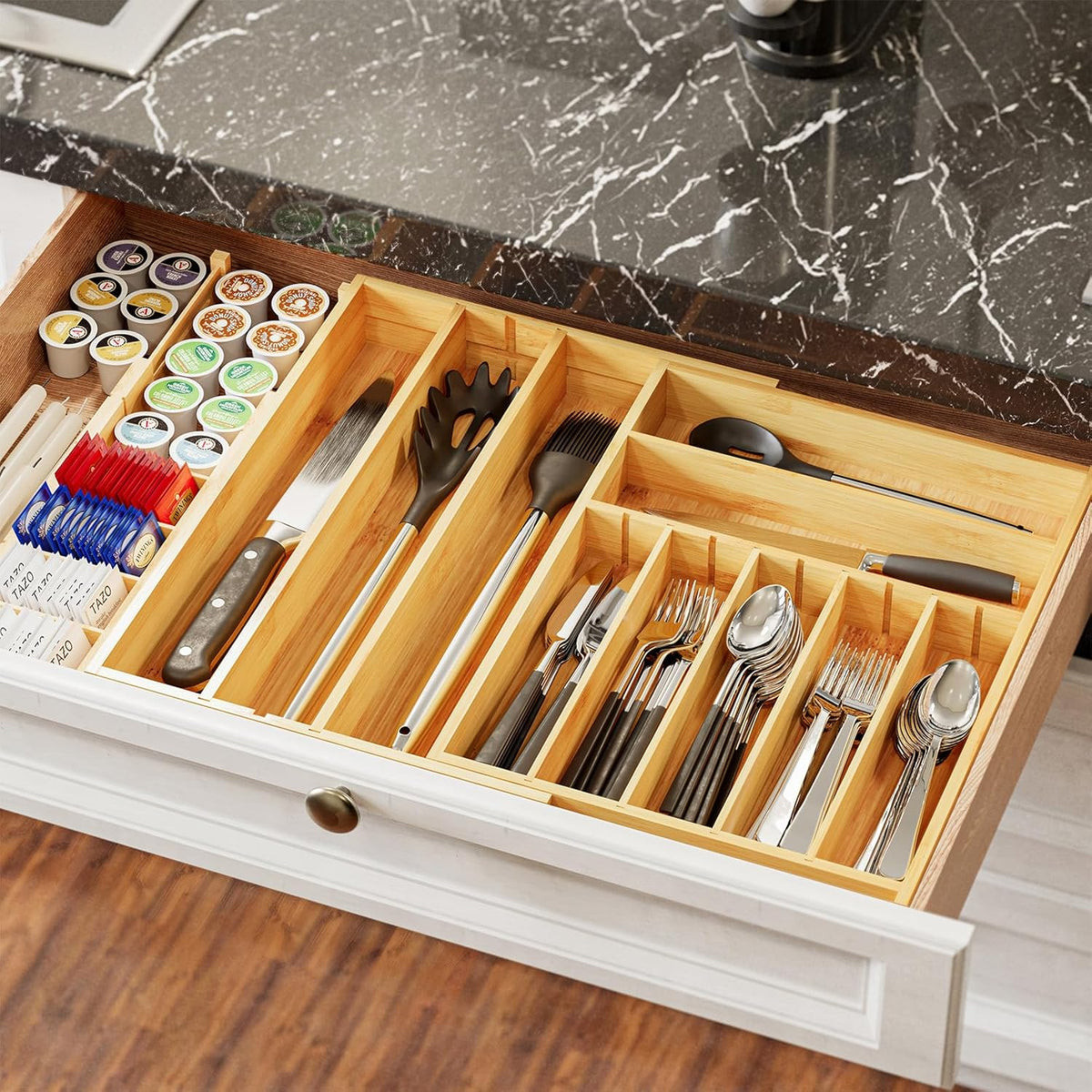 2.5" High Bamboo Silverware Drawer Organizer with Labels, Kitchen Utensil Expandable Tray Holder for Flatware, Cutlery, Spoon and Knives Drawer Storage Organization (Natural)