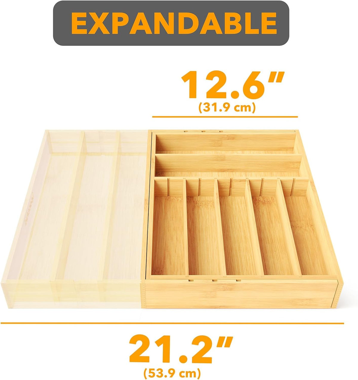 2.5" High Bamboo Silverware Drawer Organizer with Labels, Kitchen Utensil Expandable Tray Holder for Flatware, Cutlery, Spoon and Knives Drawer Storage Organization (Natural)
