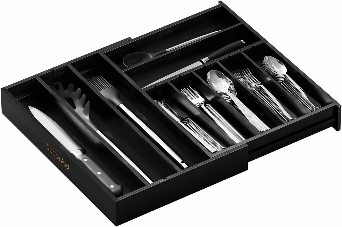 2.5" High Bamboo Silverware Drawer Organizer with Labels, Kitchen Utensil Expandable Tray Holder for Flatware, Cutlery, Spoon and Knives Drawer Storage Organization (Natural)