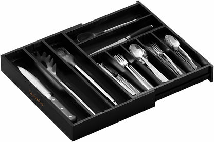 2.5" High Bamboo Silverware Drawer Organizer with Labels, Kitchen Utensil Expandable Tray Holder for Flatware, Cutlery, Spoon and Knives Drawer Storage Organization (Natural)