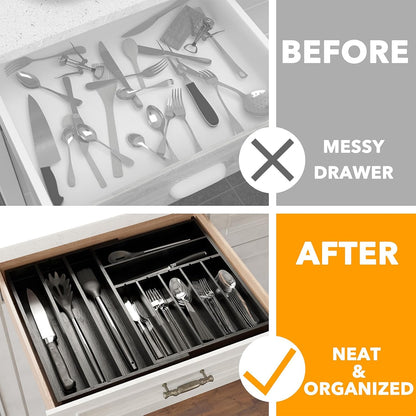 2.5" High Bamboo Silverware Drawer Organizer with Labels, Kitchen Utensil Expandable Tray Holder for Flatware, Cutlery, Spoon and Knives Drawer Storage Organization (Natural)
