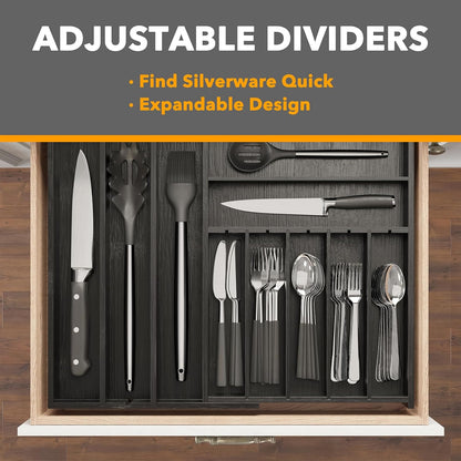 2.5" High Bamboo Silverware Drawer Organizer with Labels, Kitchen Utensil Expandable Tray Holder for Flatware, Cutlery, Spoon and Knives Drawer Storage Organization (Natural)