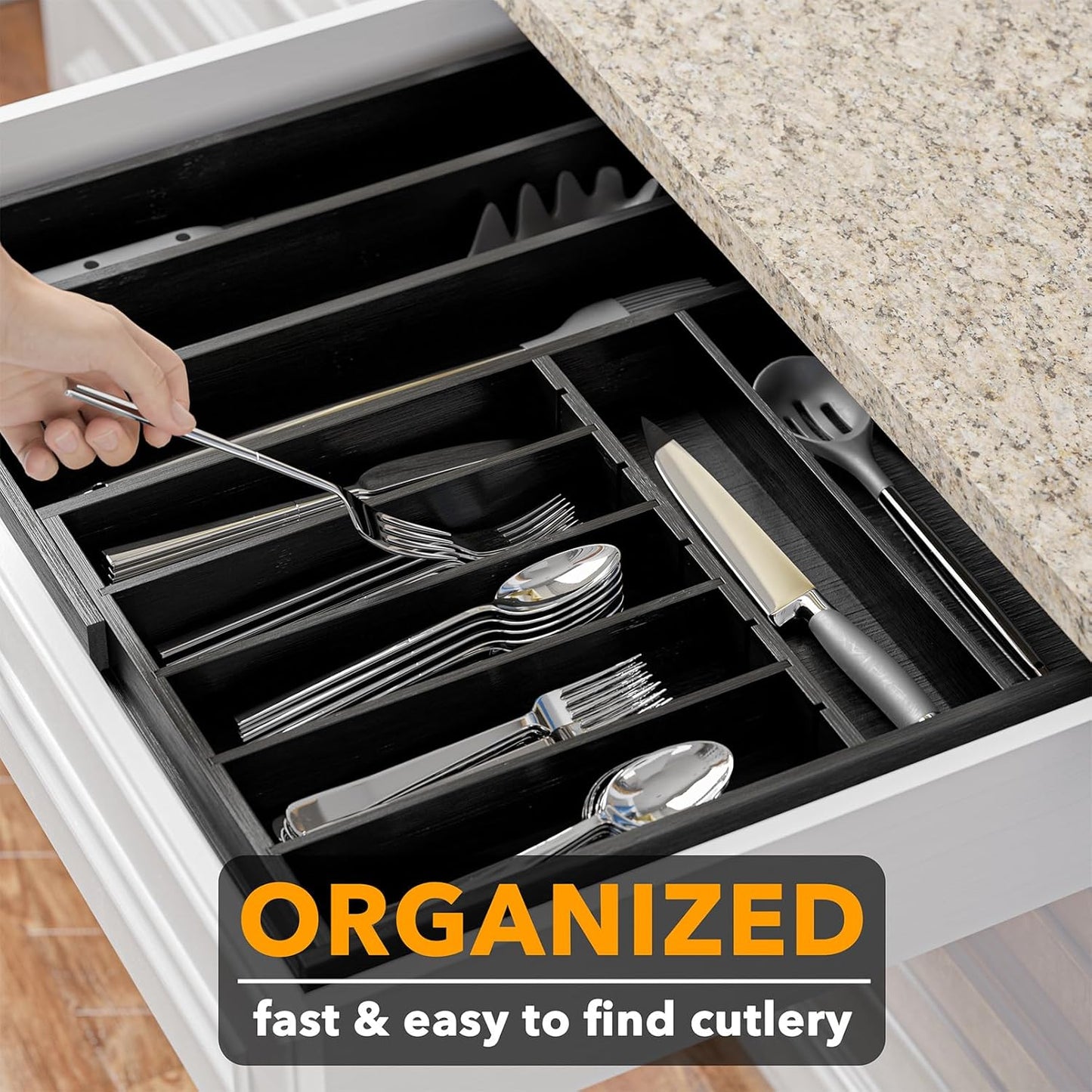2.5" High Bamboo Silverware Drawer Organizer with Labels, Kitchen Utensil Expandable Tray Holder for Flatware, Cutlery, Spoon and Knives Drawer Storage Organization (Natural)