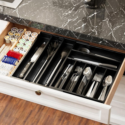 2.5" High Bamboo Silverware Drawer Organizer with Labels, Kitchen Utensil Expandable Tray Holder for Flatware, Cutlery, Spoon and Knives Drawer Storage Organization (Natural)