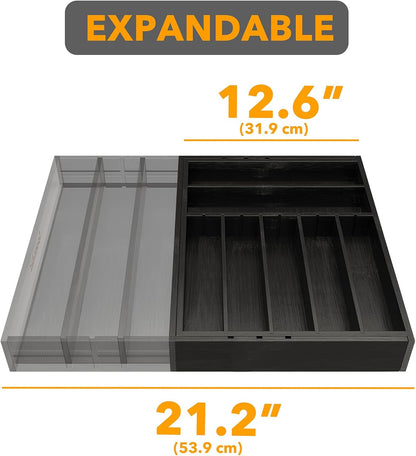 2.5" High Bamboo Silverware Drawer Organizer with Labels, Kitchen Utensil Expandable Tray Holder for Flatware, Cutlery, Spoon and Knives Drawer Storage Organization (Natural)