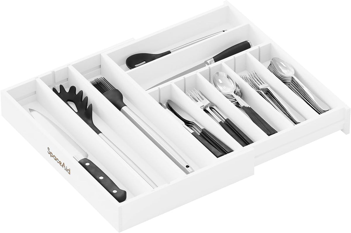 2.5" High Bamboo Silverware Drawer Organizer with Labels, Kitchen Utensil Expandable Tray Holder for Flatware, Cutlery, Spoon and Knives Drawer Storage Organization (Natural)