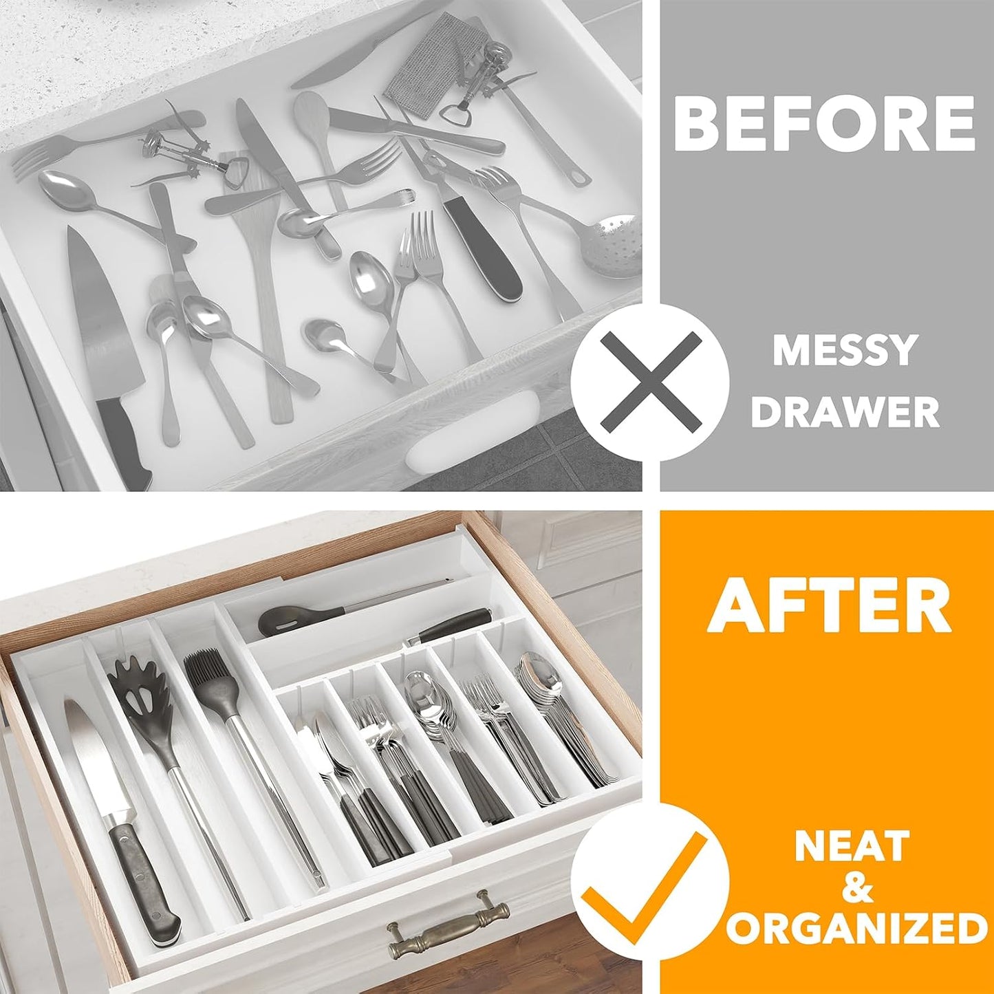 2.5" High Bamboo Silverware Drawer Organizer with Labels, Kitchen Utensil Expandable Tray Holder for Flatware, Cutlery, Spoon and Knives Drawer Storage Organization (Natural)