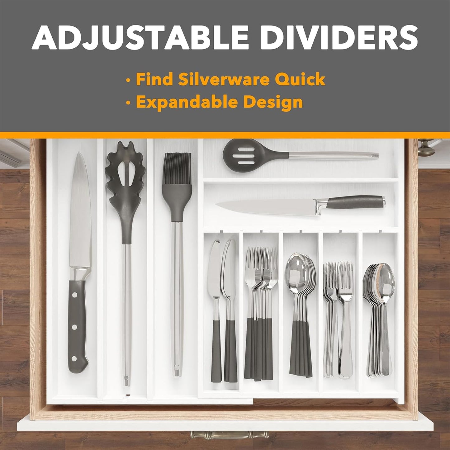 2.5" High Bamboo Silverware Drawer Organizer with Labels, Kitchen Utensil Expandable Tray Holder for Flatware, Cutlery, Spoon and Knives Drawer Storage Organization (Natural)
