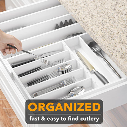 2.5" High Bamboo Silverware Drawer Organizer with Labels, Kitchen Utensil Expandable Tray Holder for Flatware, Cutlery, Spoon and Knives Drawer Storage Organization (Natural)