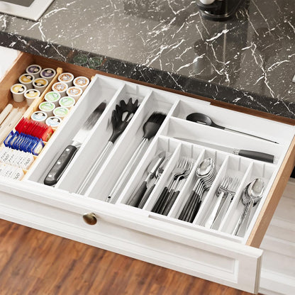 2.5" High Bamboo Silverware Drawer Organizer with Labels, Kitchen Utensil Expandable Tray Holder for Flatware, Cutlery, Spoon and Knives Drawer Storage Organization (Natural)