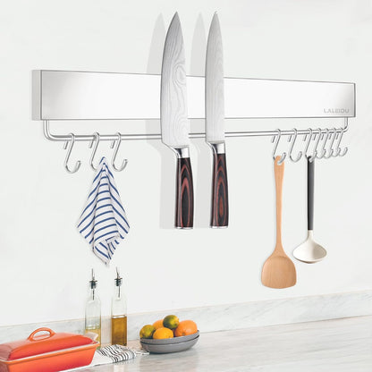 Magnetic Knife Holder for wall, 17 Inch Knife Magnetic Strip with 10 Hooks, Stainless Steel Knife Holder Magnet Rack for Kitchen Organizer, Mount with Adhesive or Screws