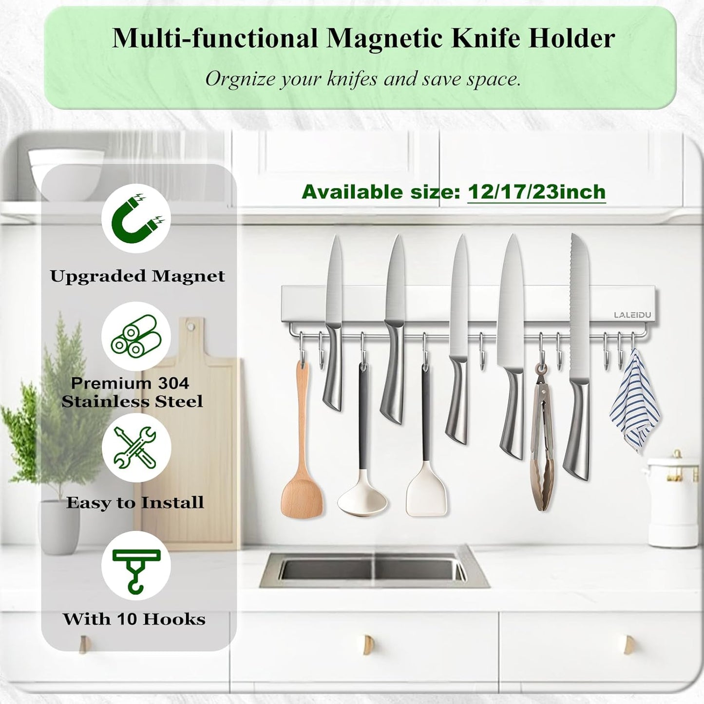 Magnetic Knife Holder for wall, 17 Inch Knife Magnetic Strip with 10 Hooks, Stainless Steel Knife Holder Magnet Rack for Kitchen Organizer, Mount with Adhesive or Screws