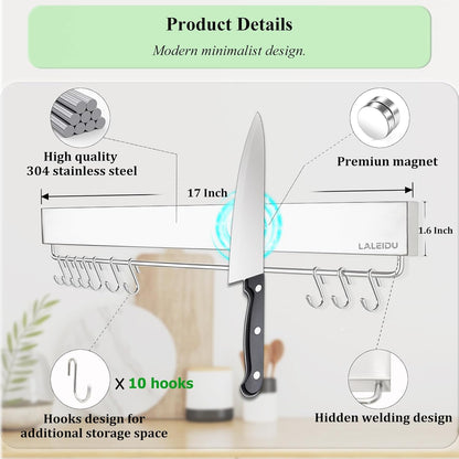 Magnetic Knife Holder for wall, 17 Inch Knife Magnetic Strip with 10 Hooks, Stainless Steel Knife Holder Magnet Rack for Kitchen Organizer, Mount with Adhesive or Screws