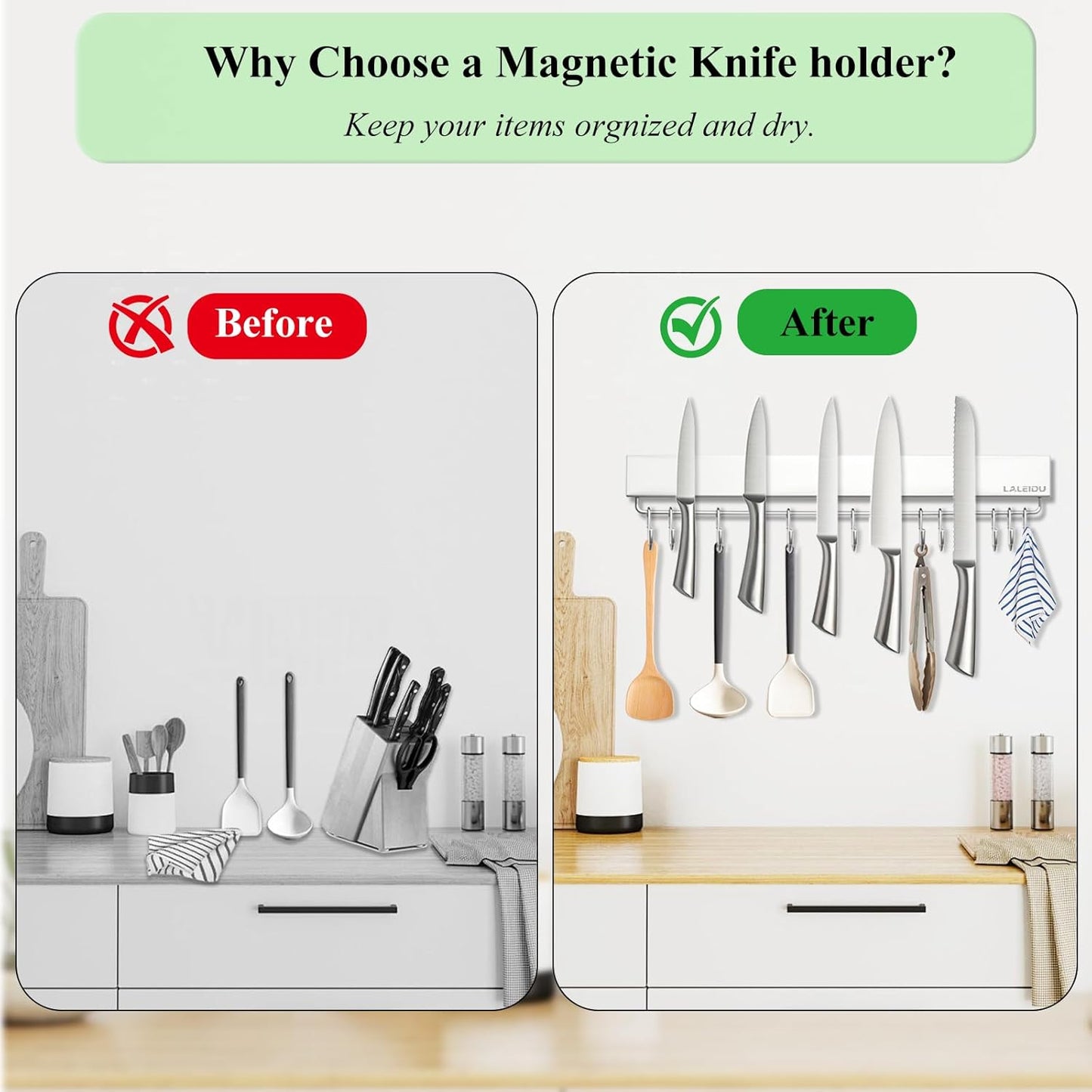 Magnetic Knife Holder for wall, 17 Inch Knife Magnetic Strip with 10 Hooks, Stainless Steel Knife Holder Magnet Rack for Kitchen Organizer, Mount with Adhesive or Screws