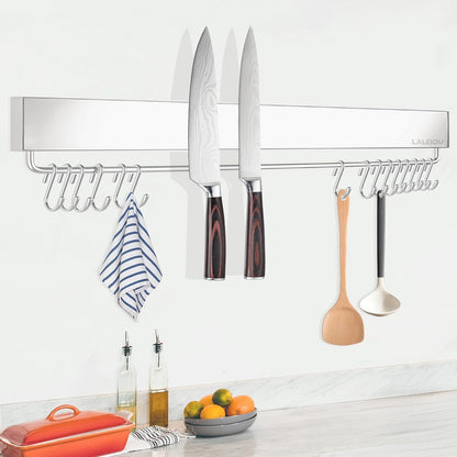 Magnetic Knife Holder for wall, 17 Inch Knife Magnetic Strip with 10 Hooks, Stainless Steel Knife Holder Magnet Rack for Kitchen Organizer, Mount with Adhesive or Screws