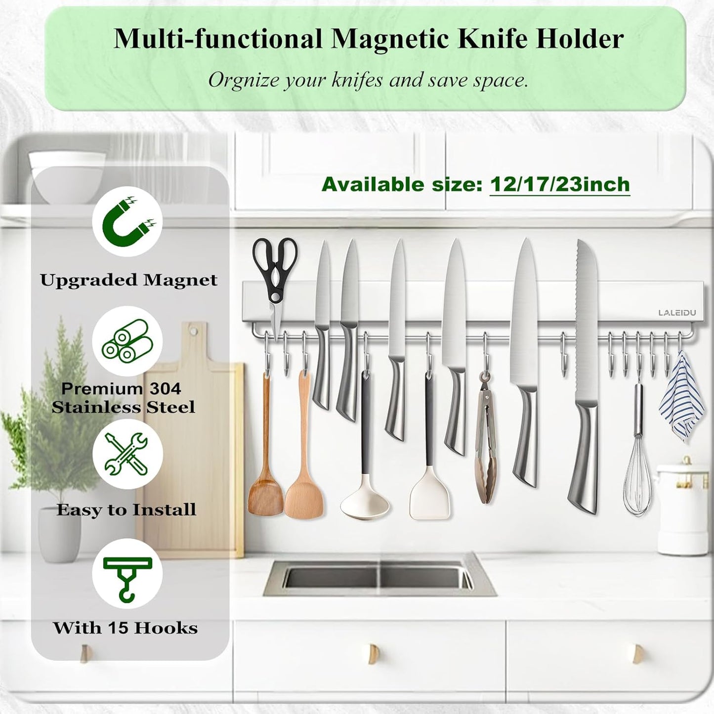 Magnetic Knife Holder for wall, 17 Inch Knife Magnetic Strip with 10 Hooks, Stainless Steel Knife Holder Magnet Rack for Kitchen Organizer, Mount with Adhesive or Screws