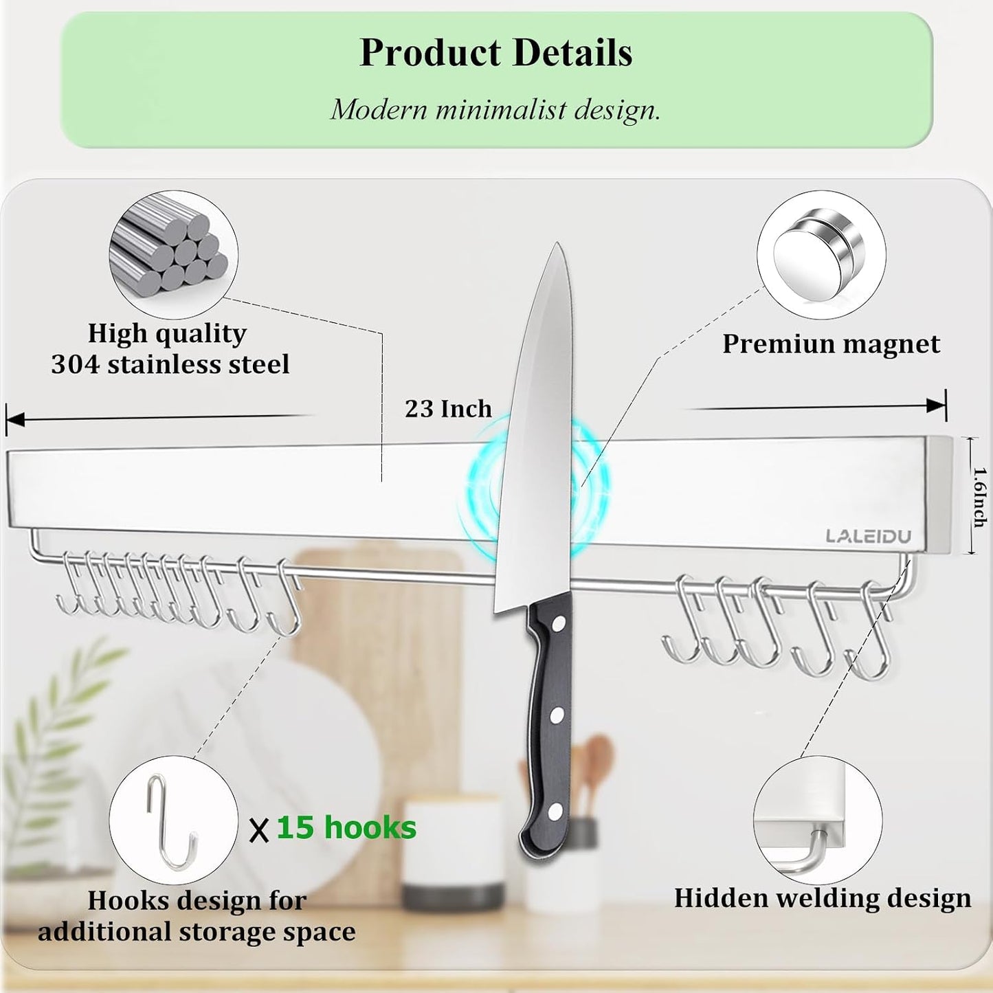 Magnetic Knife Holder for wall, 17 Inch Knife Magnetic Strip with 10 Hooks, Stainless Steel Knife Holder Magnet Rack for Kitchen Organizer, Mount with Adhesive or Screws