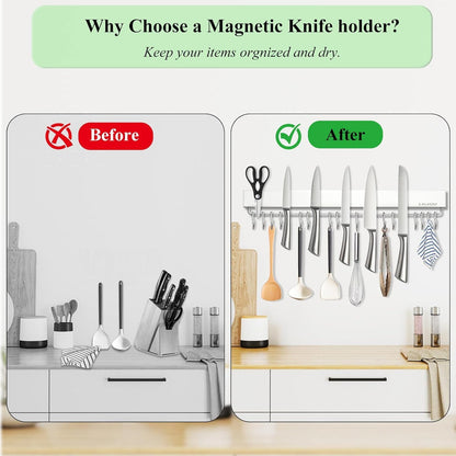 Magnetic Knife Holder for wall, 17 Inch Knife Magnetic Strip with 10 Hooks, Stainless Steel Knife Holder Magnet Rack for Kitchen Organizer, Mount with Adhesive or Screws