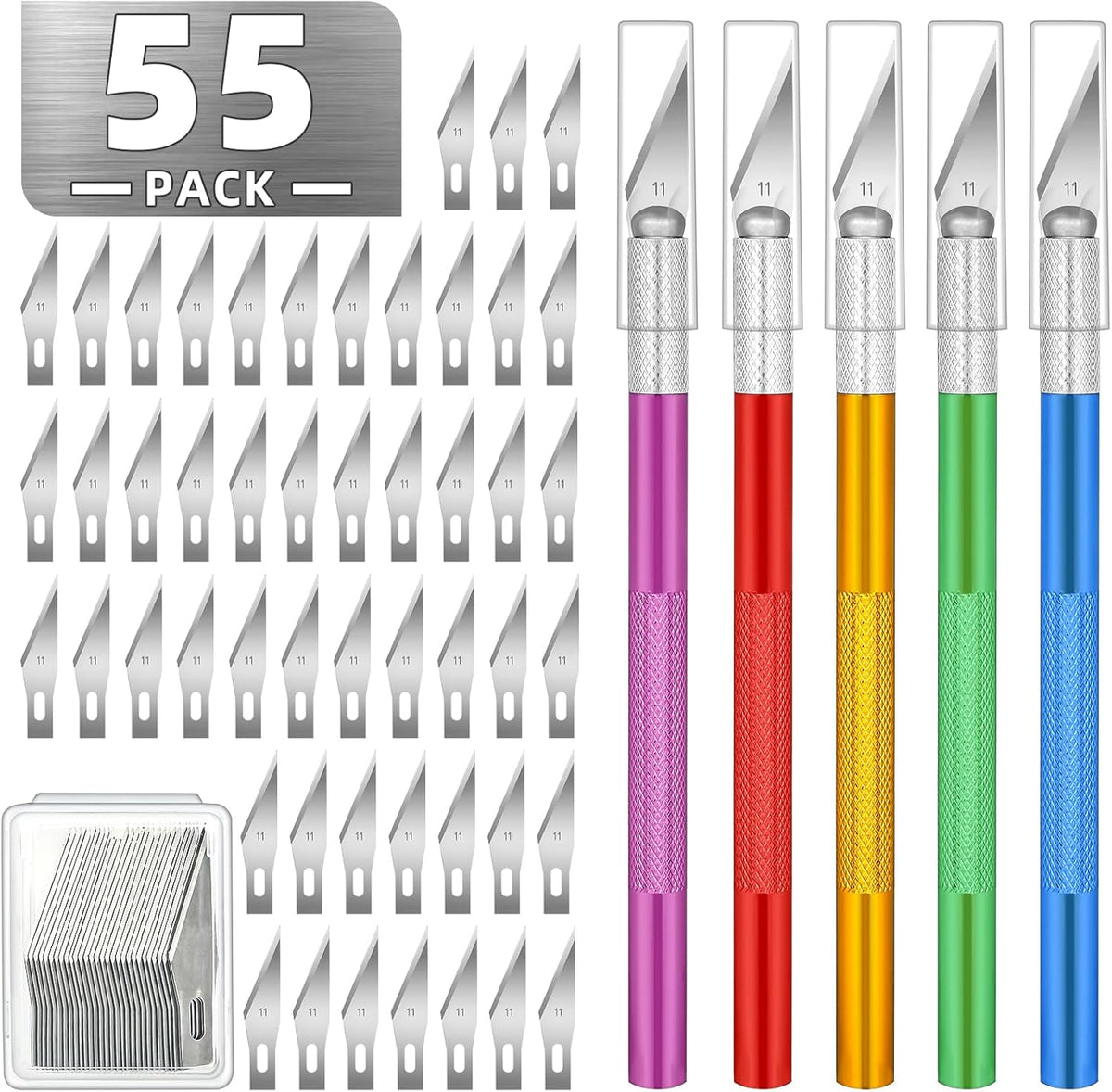 55 Pack Exacto Knife, Hobby Knife Set with 5 Craft Knives and 50 Precision Knife Blades(#11) for Art,Scrapbooking,Carving, DIY, Cutting, Stenciling