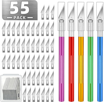55 Pack Exacto Knife, Hobby Knife Set with 5 Craft Knives and 50 Precision Knife Blades(#11) for Art,Scrapbooking,Carving, DIY, Cutting, Stenciling