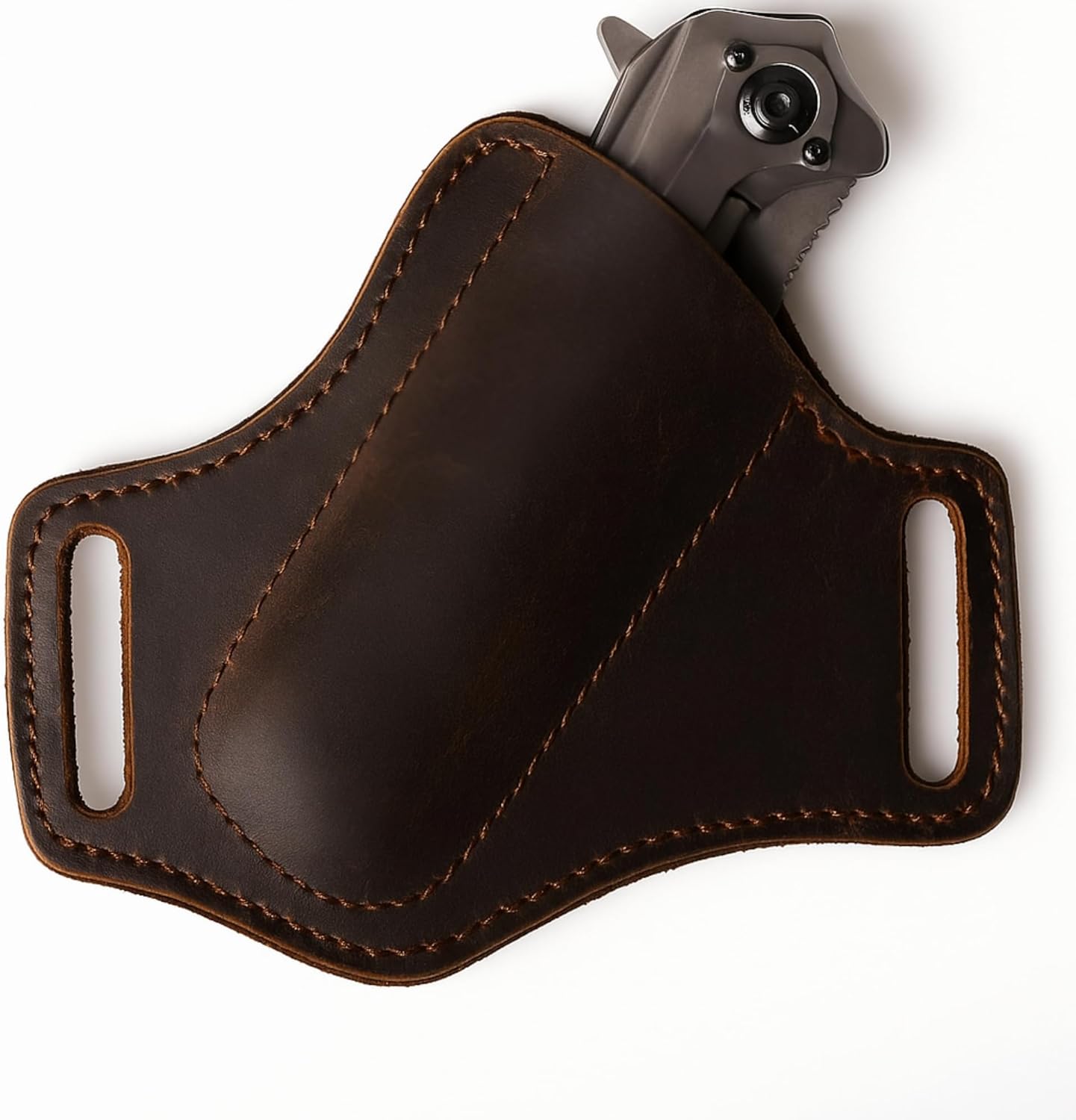 Handmade Leather Knife Sheath for Belt, EDC Folding Knife Holster for Men, Cross Draw Open Top Right-Hand Carry Sheath for 5 Inch Pocket Knife, Dark Brown