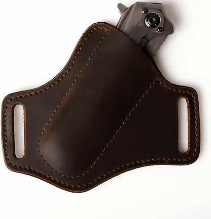 Handmade Leather Knife Sheath for Belt, EDC Folding Knife Holster for Men, Cross Draw Open Top Right-Hand Carry Sheath for 5 Inch Pocket Knife, Dark Brown
