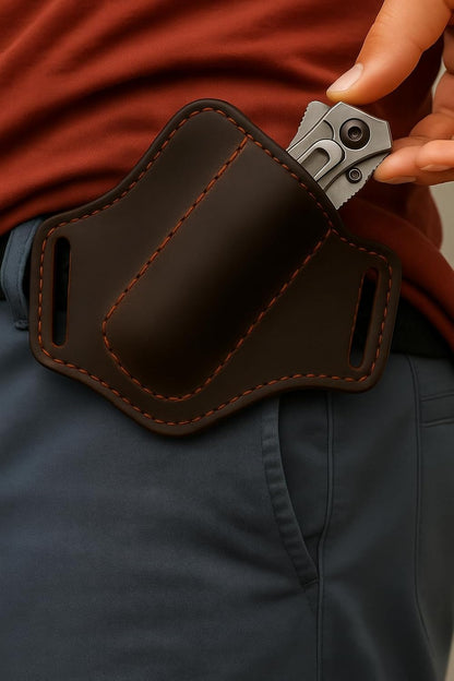 Handmade Leather Knife Sheath for Belt, EDC Folding Knife Holster for Men, Cross Draw Open Top Right-Hand Carry Sheath for 5 Inch Pocket Knife, Dark Brown