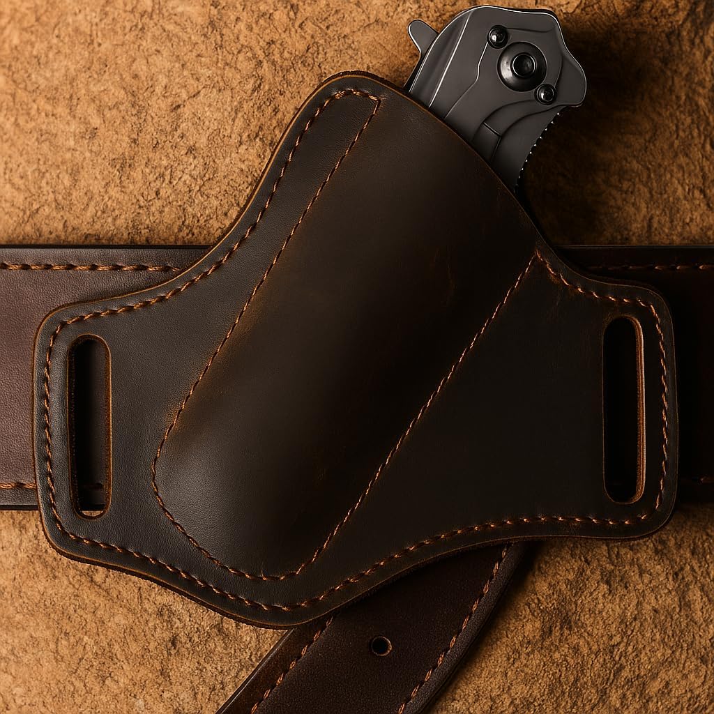 Handmade Leather Knife Sheath for Belt, EDC Folding Knife Holster for Men, Cross Draw Open Top Right-Hand Carry Sheath for 5 Inch Pocket Knife, Dark Brown