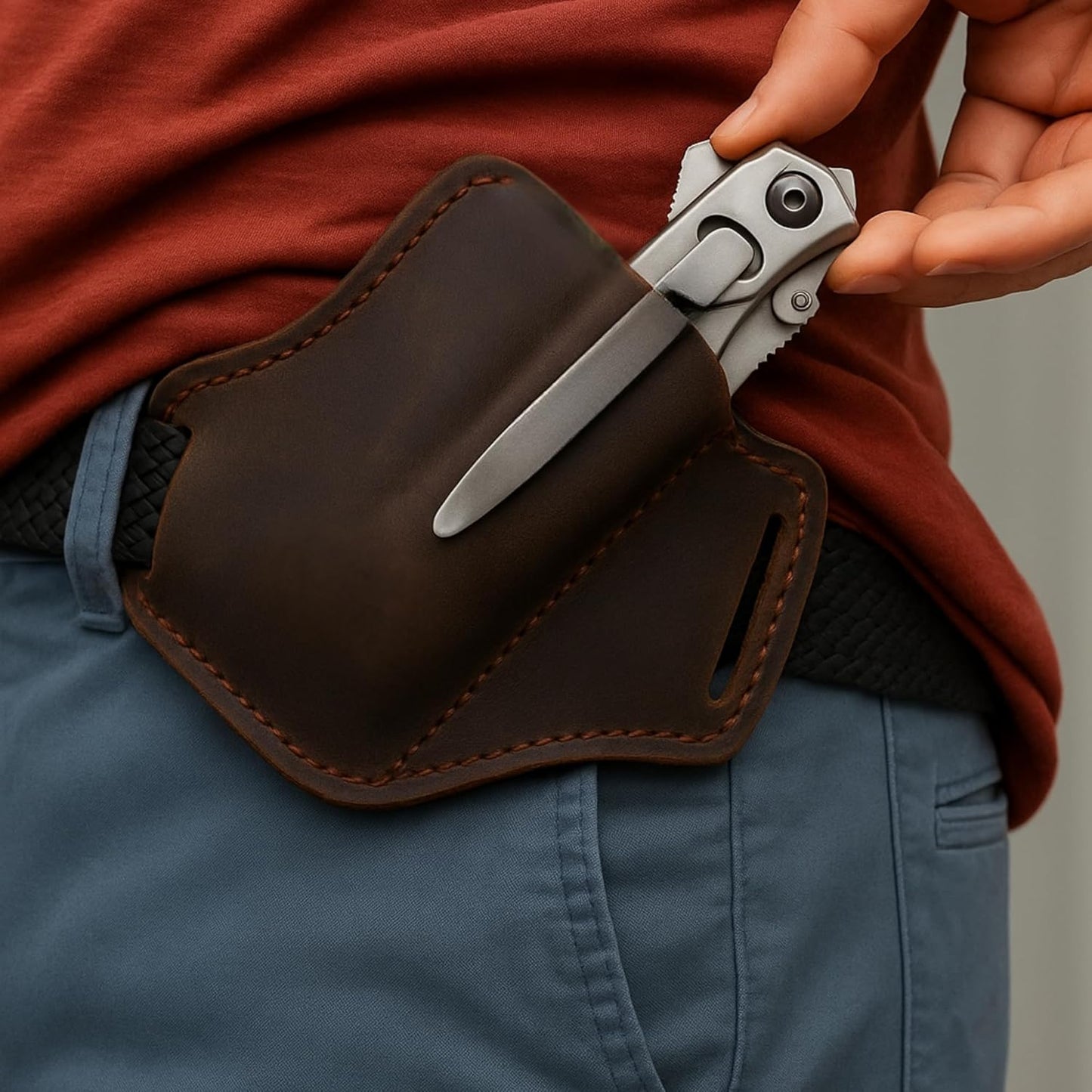 Handmade Leather Knife Sheath for Belt, EDC Folding Knife Holster for Men, Cross Draw Open Top Right-Hand Carry Sheath for 5 Inch Pocket Knife, Dark Brown