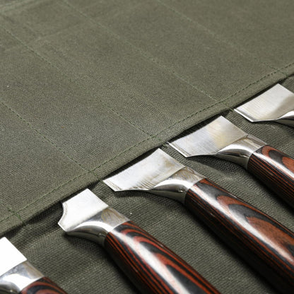 Heavy Duty Waxed Canvas Knife Roll Bag, Portable Chef Knife bag, Durable (Army Green)