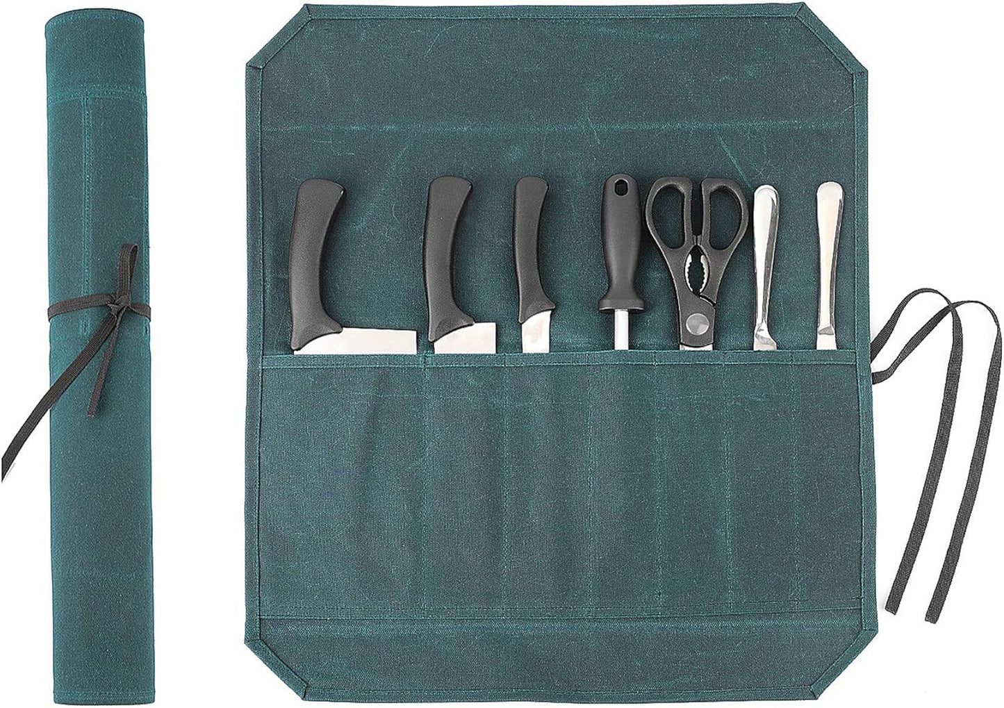 Heavy Duty Waxed Canvas Knife Roll Bag, Portable Chef Knife bag, Durable (Army Green)