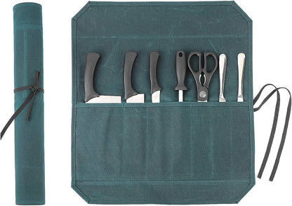Heavy Duty Waxed Canvas Knife Roll Bag, Portable Chef Knife bag, Durable (Army Green)