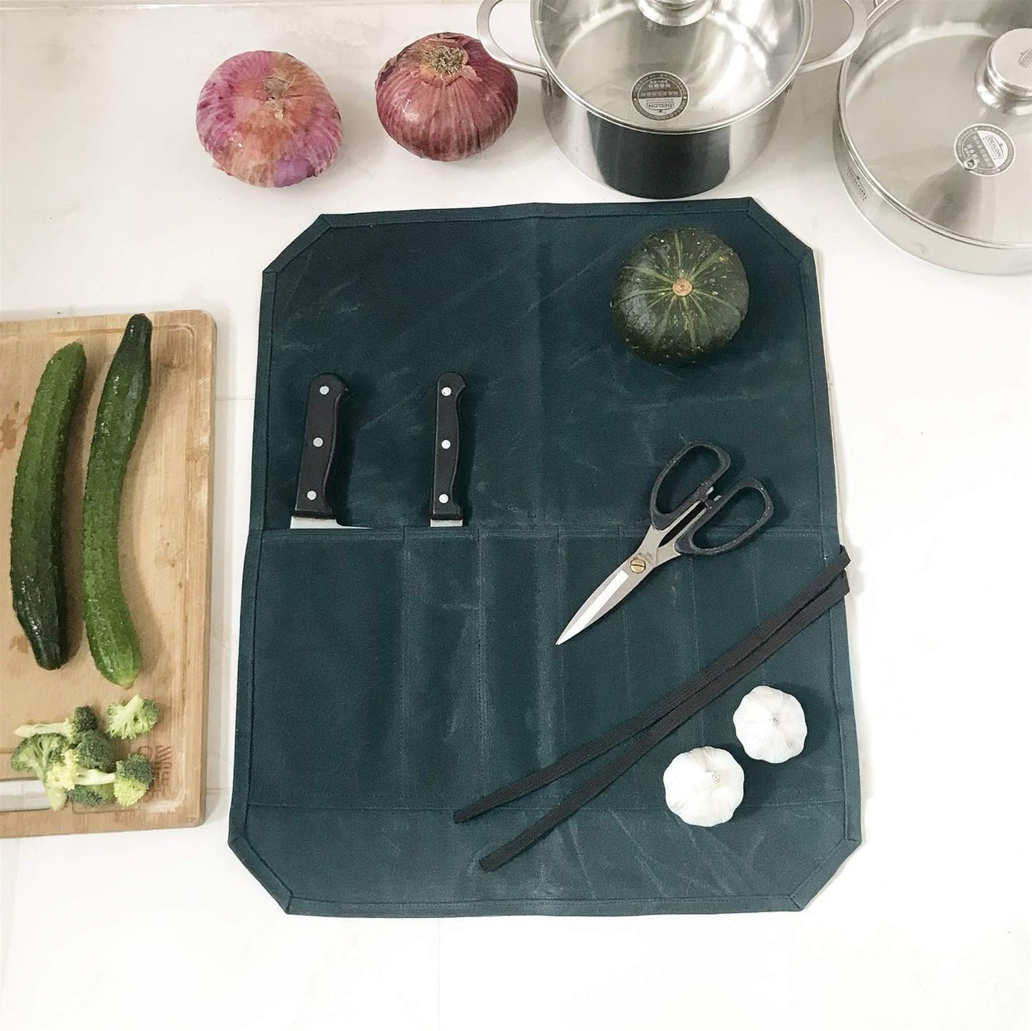 Heavy Duty Waxed Canvas Knife Roll Bag, Portable Chef Knife bag, Durable (Army Green)