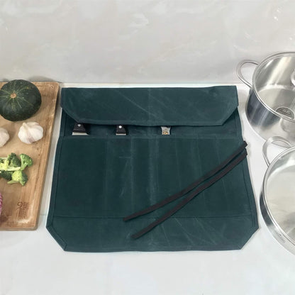 Heavy Duty Waxed Canvas Knife Roll Bag, Portable Chef Knife bag, Durable (Army Green)