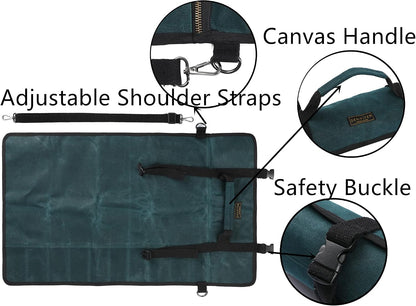 Heavy Duty Waxed Canvas Knife Roll Bag, Portable Chef Knife bag, Durable (Army Green)