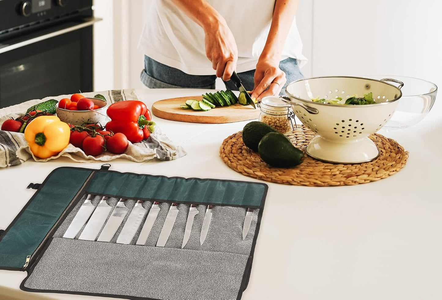 Heavy Duty Waxed Canvas Knife Roll Bag, Portable Chef Knife bag, Durable (Army Green)
