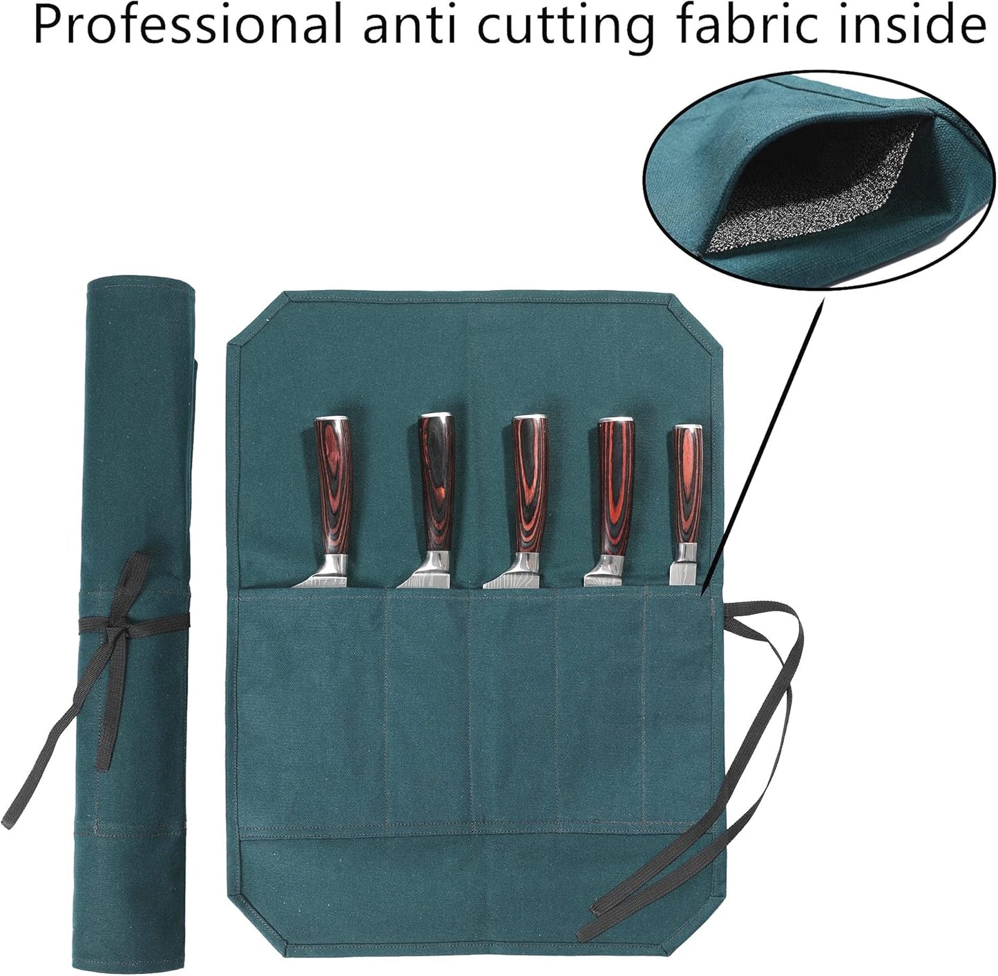 Heavy Duty Waxed Canvas Knife Roll Bag, Portable Chef Knife bag, Durable (Army Green)