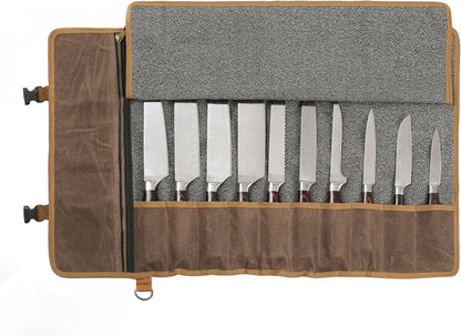 Heavy Duty Waxed Canvas Knife Roll Bag, Portable Chef Knife bag, Durable (Army Green)