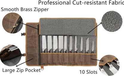 Heavy Duty Waxed Canvas Knife Roll Bag, Portable Chef Knife bag, Durable (Army Green)