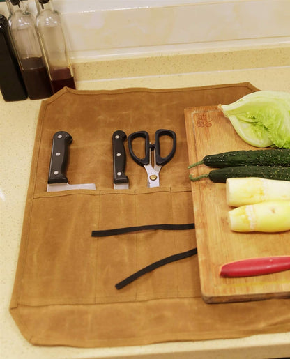 Heavy Duty Waxed Canvas Knife Roll Bag, Portable Chef Knife bag, Durable (Army Green)