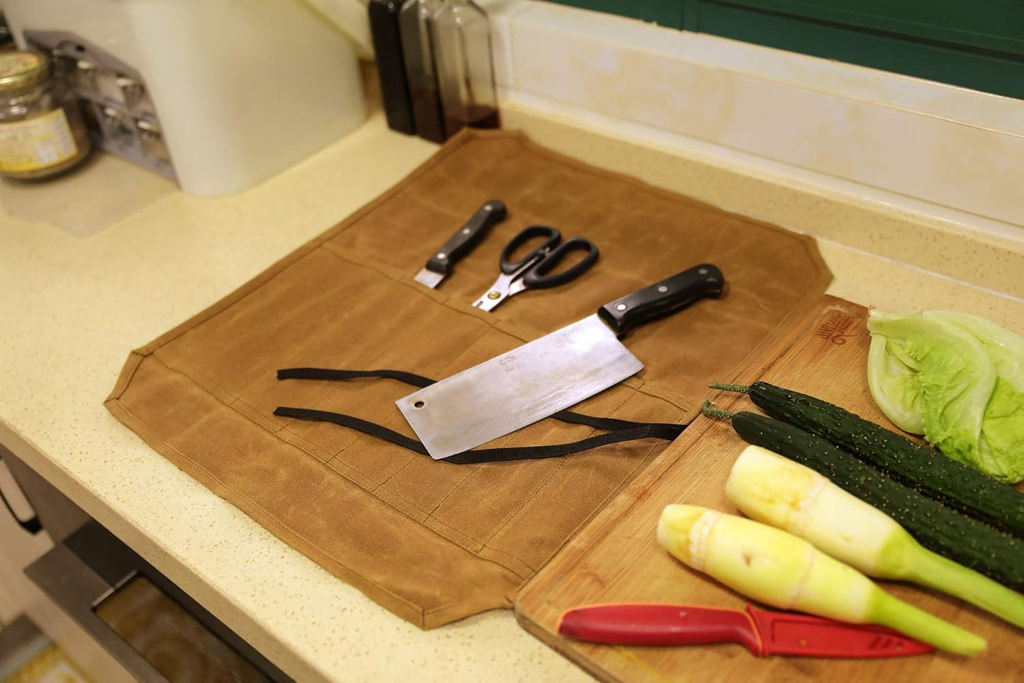Heavy Duty Waxed Canvas Knife Roll Bag, Portable Chef Knife bag, Durable (Army Green)
