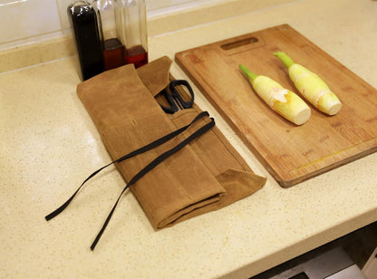 Heavy Duty Waxed Canvas Knife Roll Bag, Portable Chef Knife bag, Durable (Army Green)