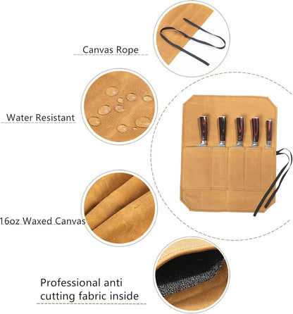 Heavy Duty Waxed Canvas Knife Roll Bag, Portable Chef Knife bag, Durable (Army Green)