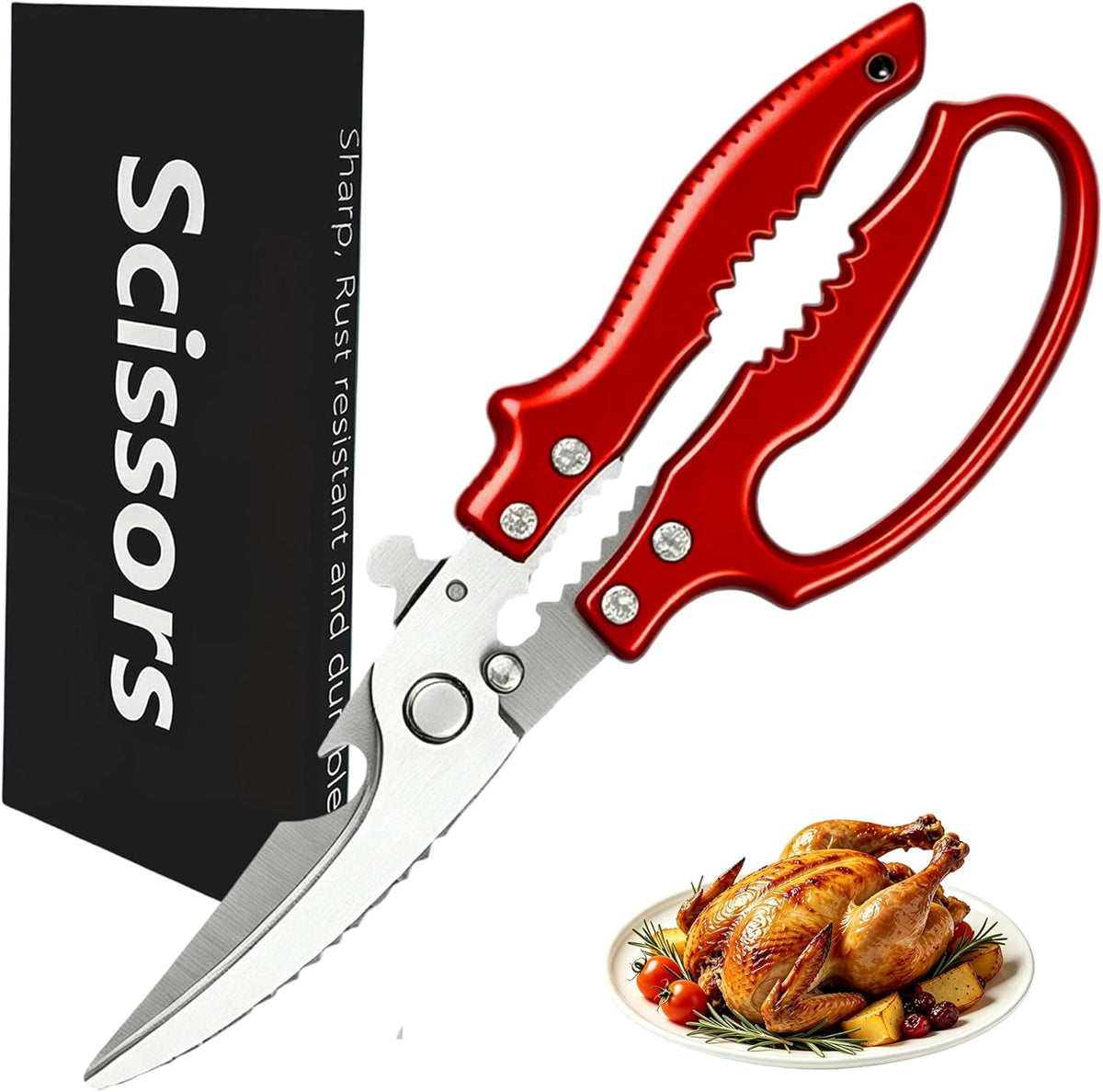 Heavy Duty Poultry Shears, Multi-functional Kitchen Scissors | Sharp, Durable, Multi-Purpose, Spring Loaded, Non-Slip Handles, Safety Lock, Rust Resistant, Dishwasher Safe