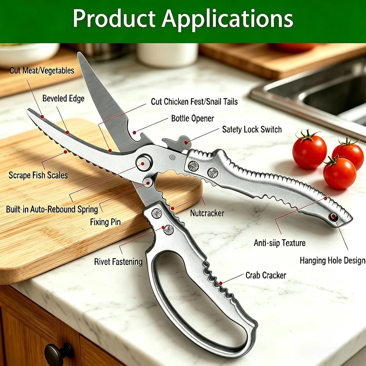 Heavy Duty Poultry Shears, Multi-functional Kitchen Scissors | Sharp, Durable, Multi-Purpose, Spring Loaded, Non-Slip Handles, Safety Lock, Rust Resistant, Dishwasher Safe
