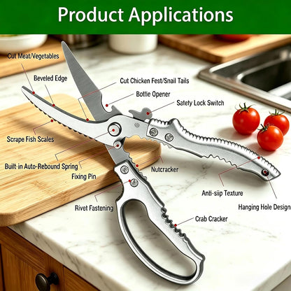 Heavy Duty Poultry Shears, Multi-functional Kitchen Scissors | Sharp, Durable, Multi-Purpose, Spring Loaded, Non-Slip Handles, Safety Lock, Rust Resistant, Dishwasher Safe