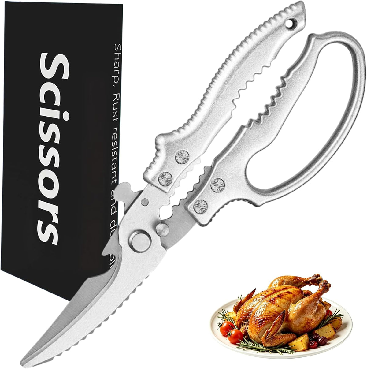Heavy Duty Poultry Shears, Multi-functional Kitchen Scissors | Sharp, Durable, Multi-Purpose, Spring Loaded, Non-Slip Handles, Safety Lock, Rust Resistant, Dishwasher Safe
