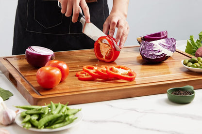 Cutting Boards, 16.5x13 Large Acacia Wooden Cutting Boards for Kitchen, Edge Grain Reversible Wood Chopping Board with Juice Groove and Handles, Pre-Oiled Carving Tray for Meat & Cheese